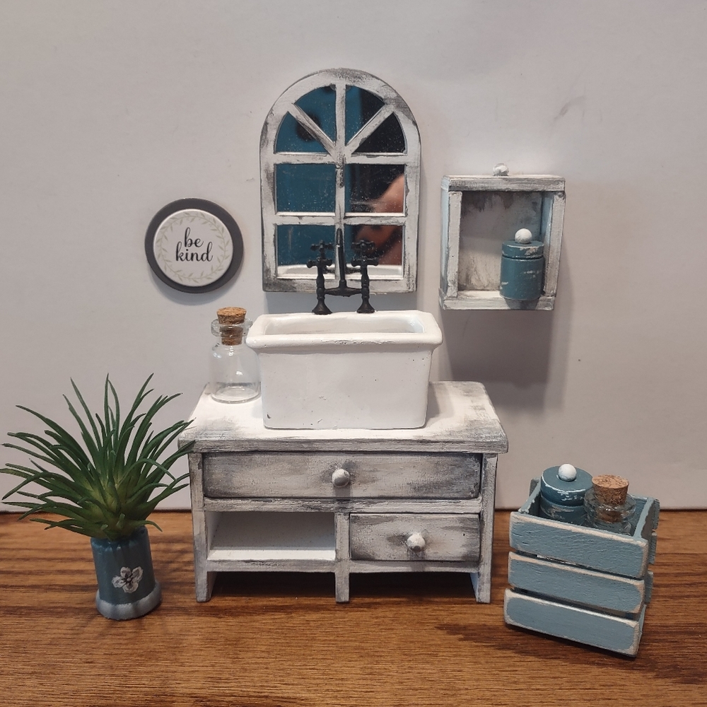 FARMHOUSE DOLLHOUSE MINIATURE WASH BASIN WITH CABINET 1:12 SCALE